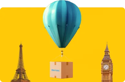 European removals represented by a moving box and air ballon between london and paris