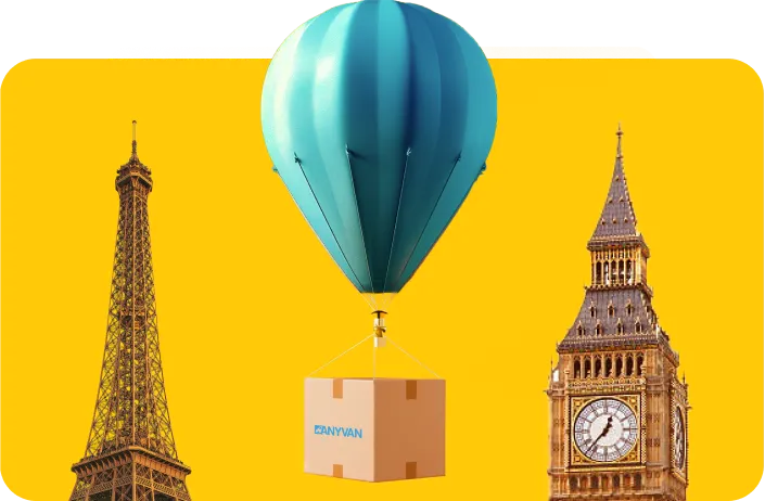 Hot air balloon transporting home removals goods across europe in Chertsey
