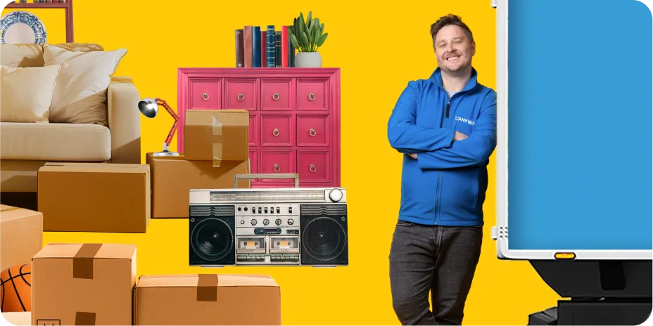 Image of a removal man next to a van, a variety of different items to move are next to him 