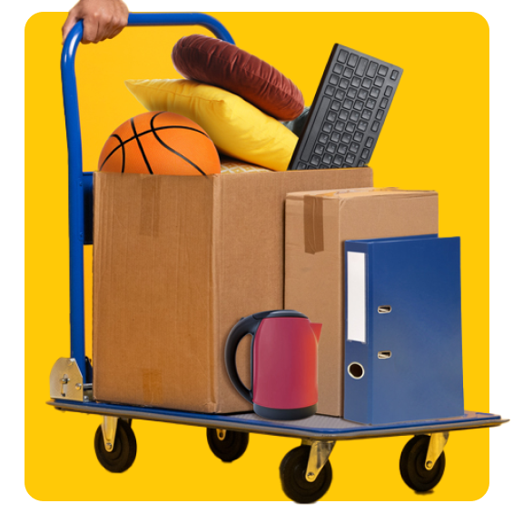 Image of student removals represented by a trolley with boxes of student home items