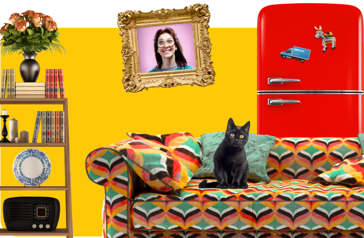 Image of a quirky home showing that AnyVan offer home removals. There's a bookcase, a red fridge and a patterned sofa with a cat on it. 