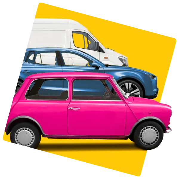 Image of a selection of cars including a white van, blue car and a pink mini. Shows AnyVan can move any car 