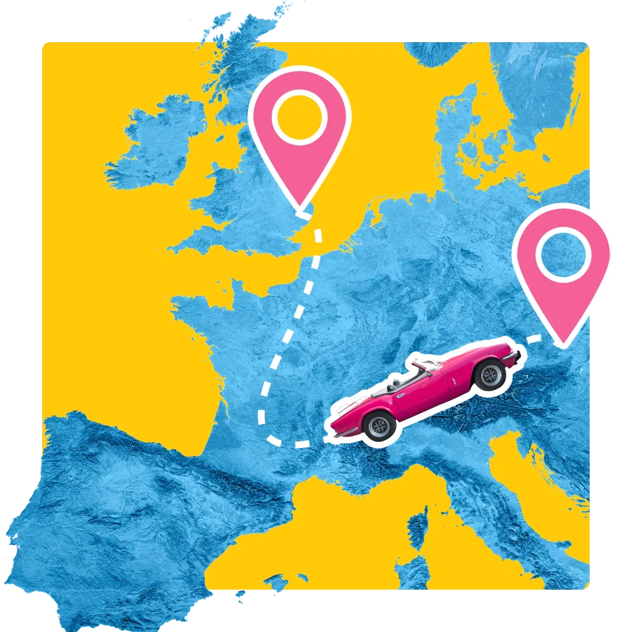 Image of a pink car travelling across a map of Europe. Shows that AnyVan can move cars abroad. 