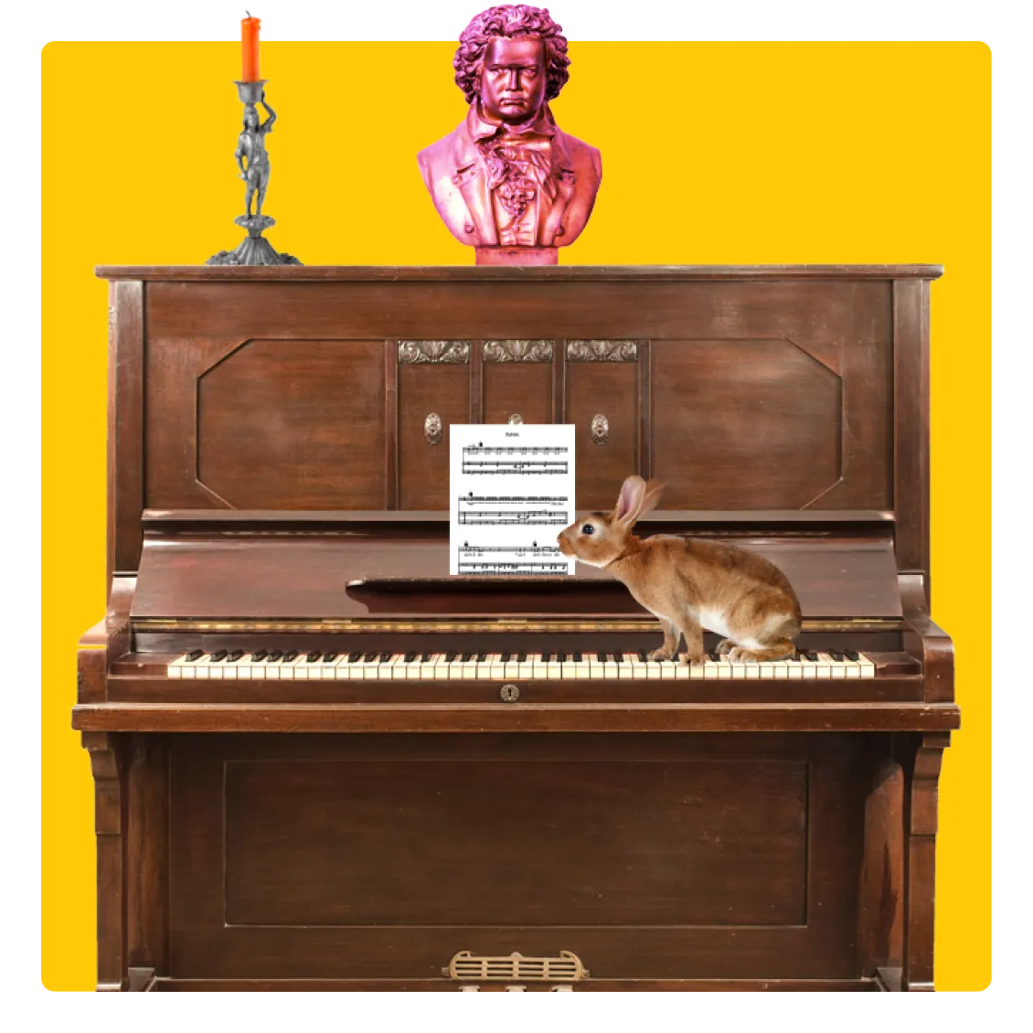 Funny image of a piano with quirky objects. There's a rabbit, candlestick holder and a statue resting on it 