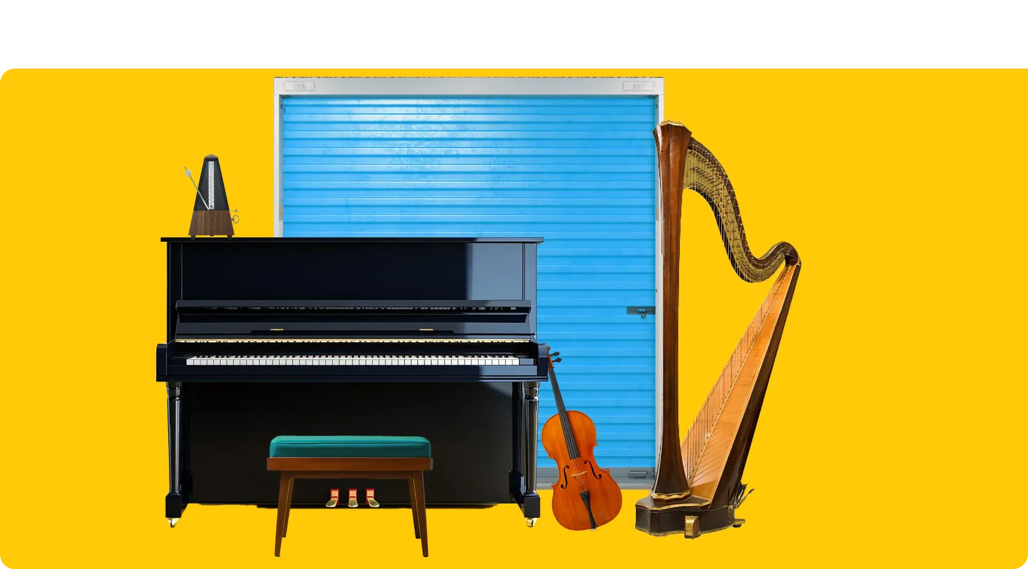 Image of an AnyVan storage unit with a piano, cello and harp 