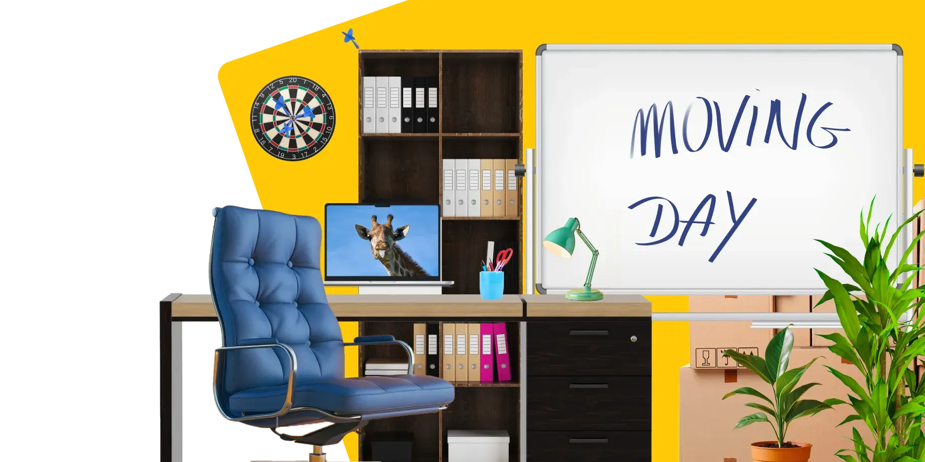 Image showing a office with an array of items including a laptop with a giraffe, a desk chair, lots of files and a whiteboard that says 'moving day'. It shows that AnyVan do office moves.