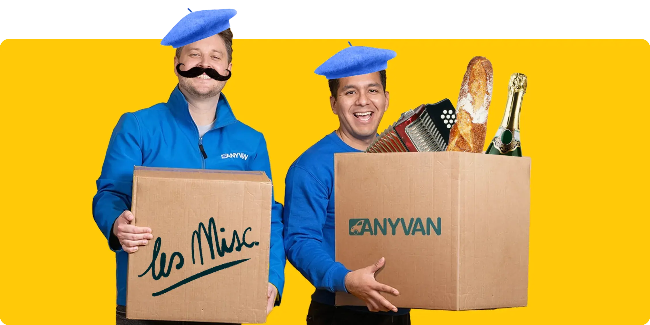 Image of two stereotypical French removal men moving boxes. Shows that AnyVan do removals to France 