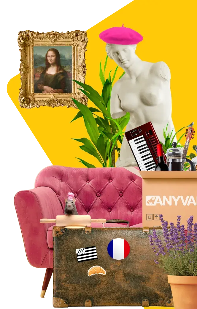 Image of stereotypical french items within a home. There's a framed Mona Lisa, Venus di Milo with a beret and a pot of lavender. Image shows AnyVan do removals to France and can move anything.  