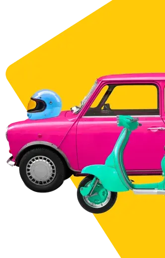 Image of a pink mini with a blue helmet on the bonnet, there's a turquoise motorbike next to it. It shows that AnyVan has delivery services for a range of vehicles. 