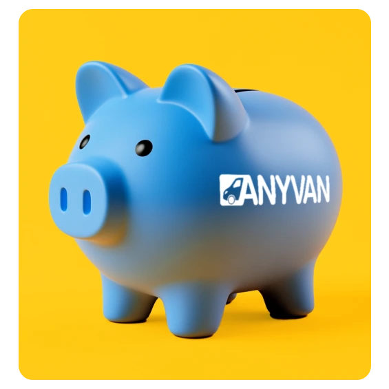 A blue piggy bank with the AnyVan logo, symbolizing affordable car shipping and transport savings, against a yellow background.
