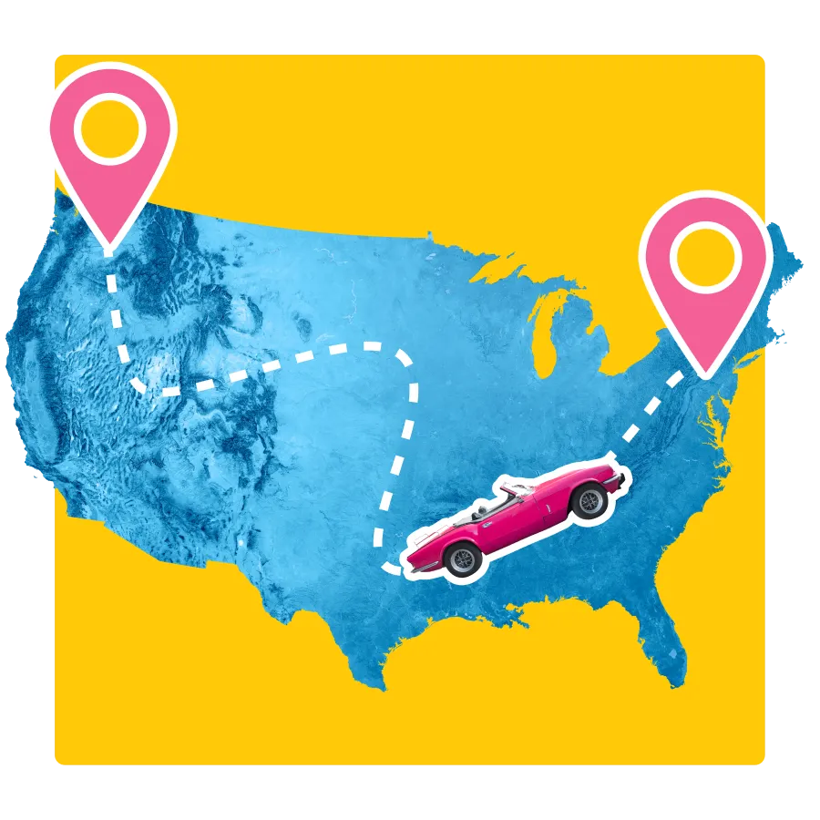 AnyVan graphic of a U.S. map showing a coast-to-coast car shipping route with dotted lines, two location pins, and a pink convertible in transit.
