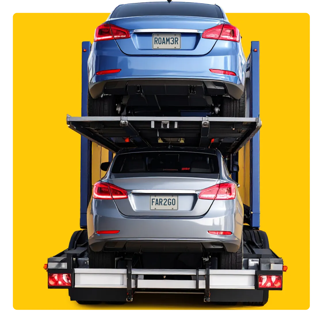 Rear view of two silver sedans loaded onto an AnyVan car shipping trailer with novelty license plates “ROAM3R” and “FAR2GO,” ideal for long-distance auto transport across the U.S.