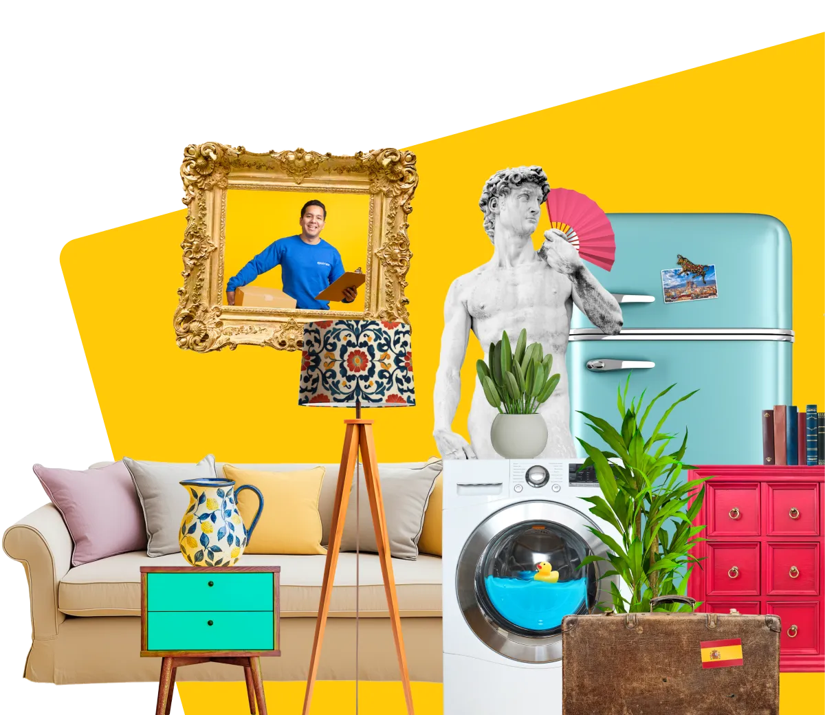 Collection of furniture (cream sofa, turquoise bedside table, washing machine, blue fridge, statue and suitcase) as part of a home removal to Spain