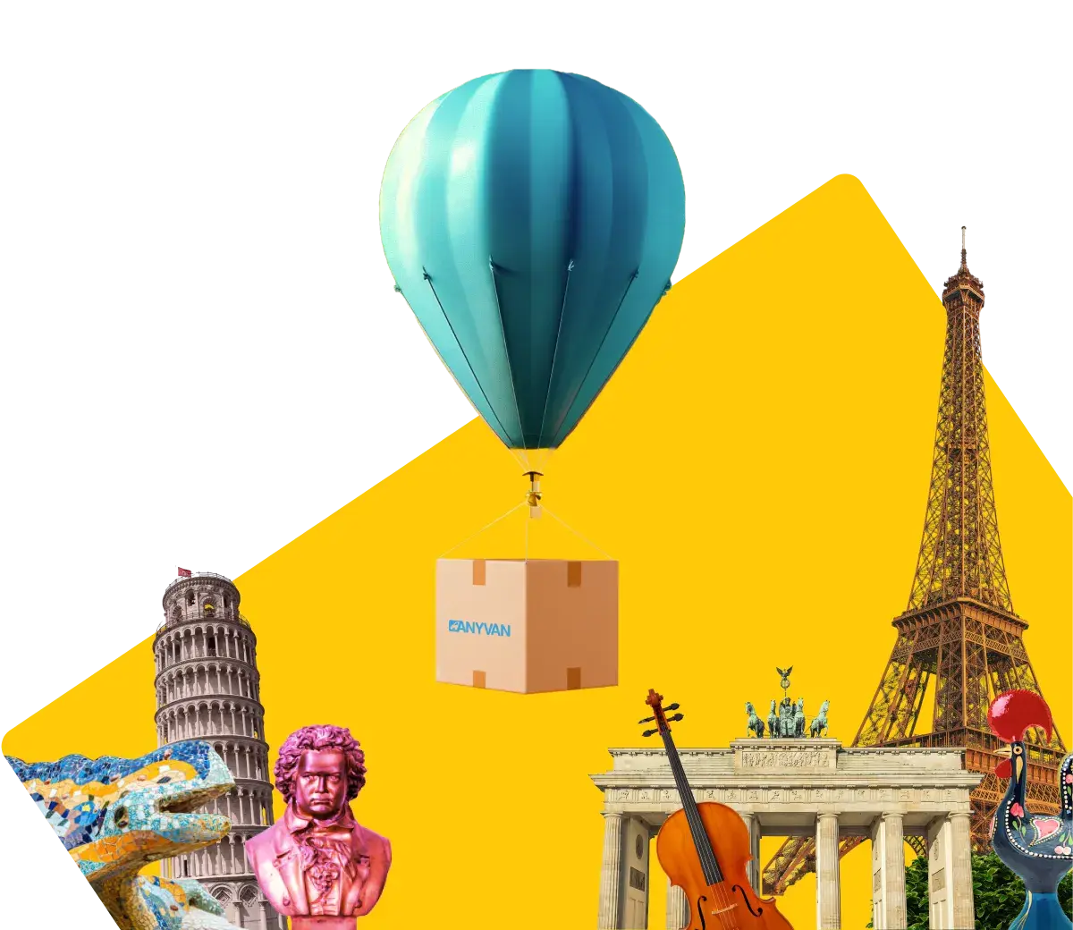 Image of a hot air balloon flying between key European landmarks, including the Brandenburg Gate and Big Ben, showing that AnyVan do removals to Germany