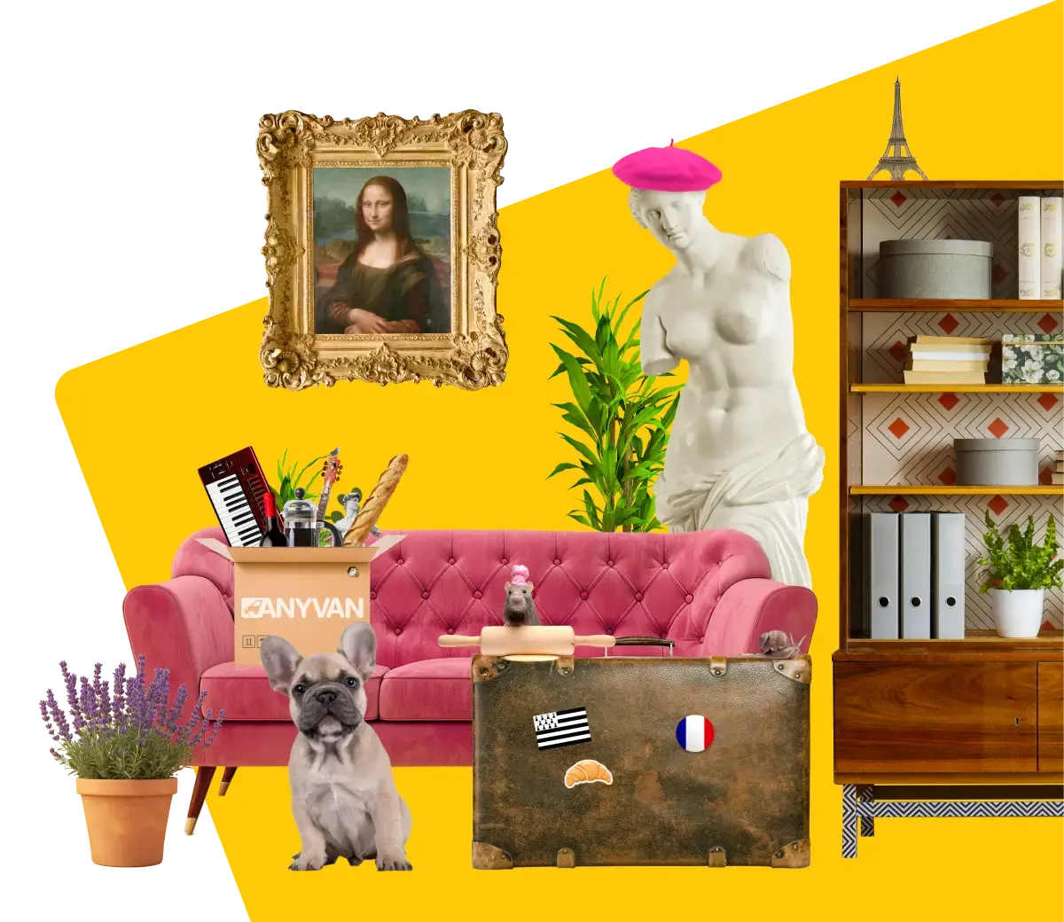 Collection of furniture (pink sofa, statue, bookshelf, Mona Lisa painting and a suitcase) part of a home removal to France