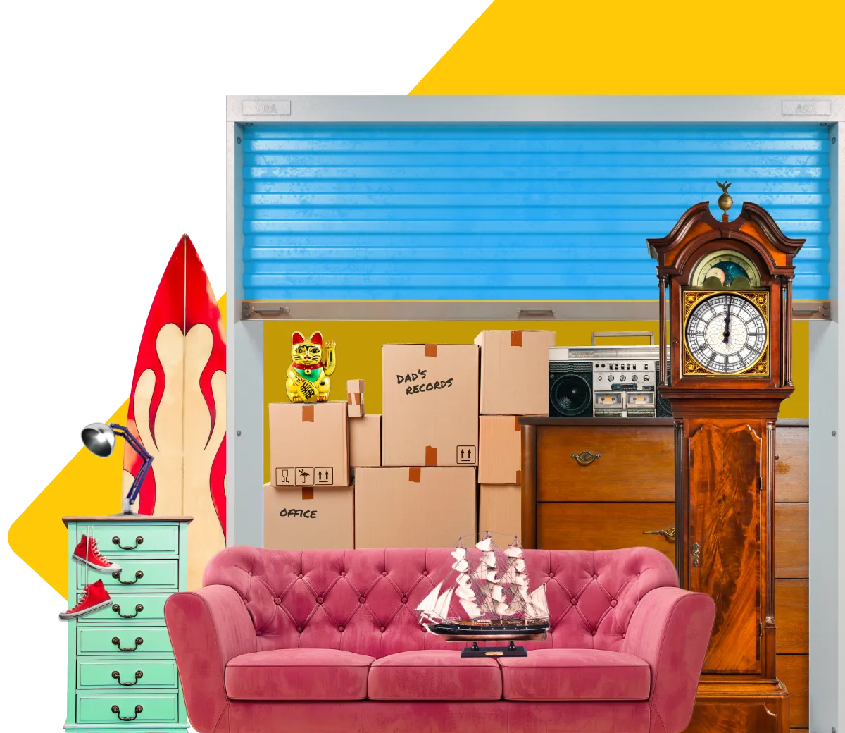 AnyVan storage unit with boxes, sofa, grandfather clock showing a flexible storage solution