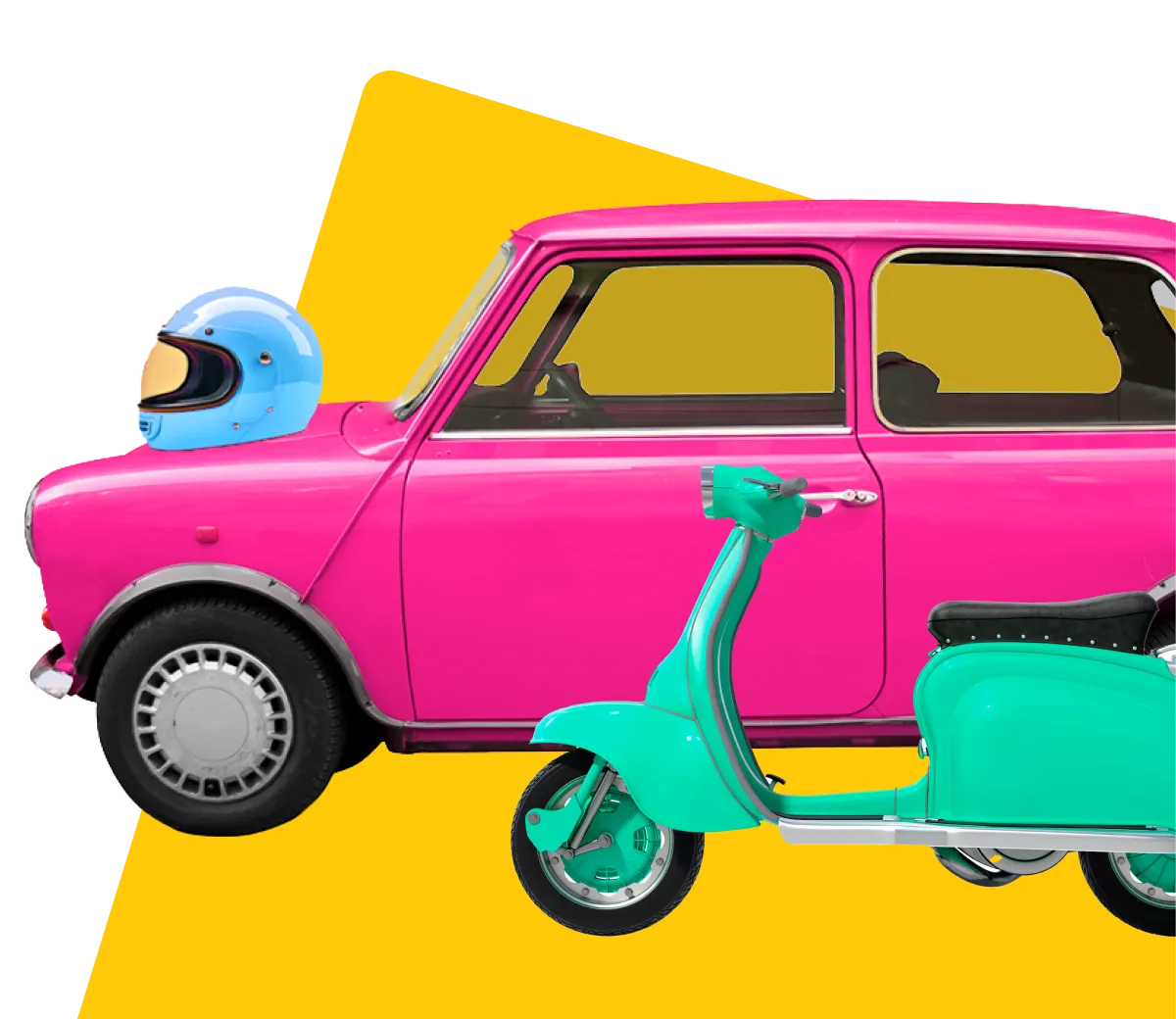 Pink car, turquoise motorcycle and blue helmet - vehicle delivery